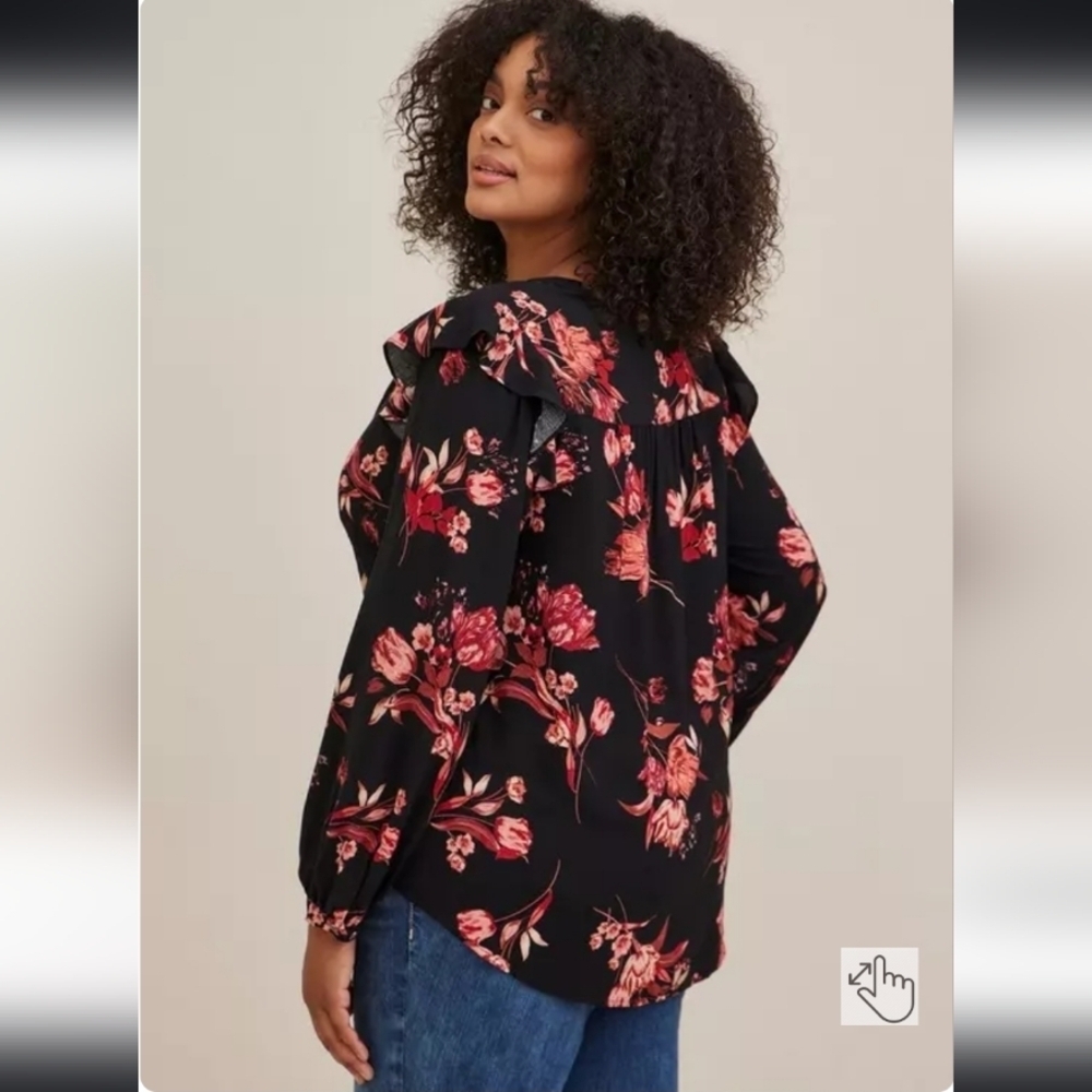 Torrid Black Challis Ruffle Trim Pullover Top/ Floral Print Flowy Blouse - Picture 2 of 10